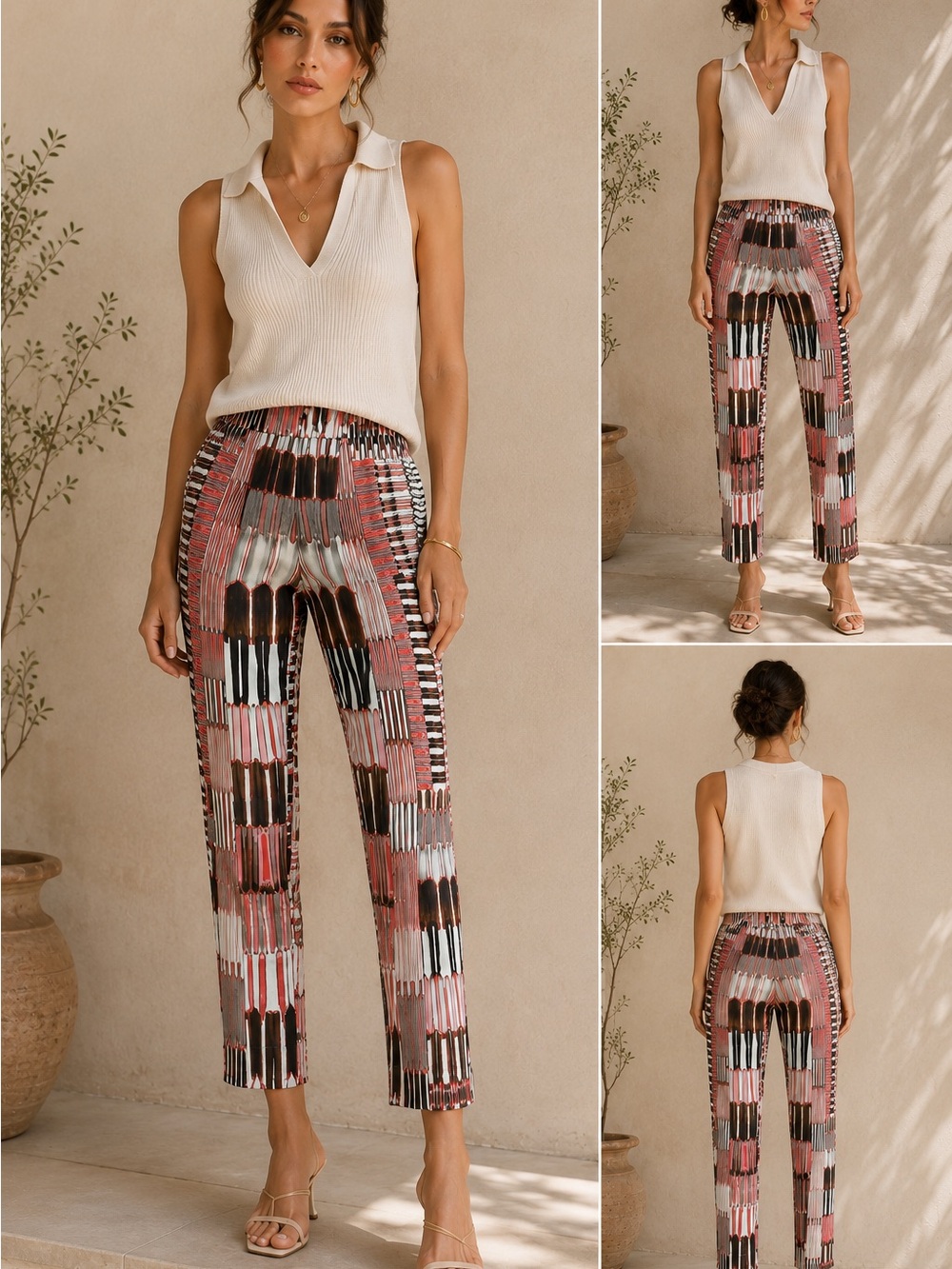 PTOW Abstract Print Crop Pants Womens sz USA/8 eu 42 Artsy Euro Chic brown pink
